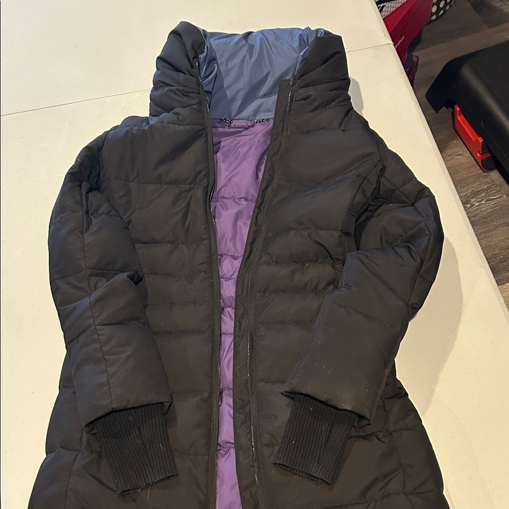 Elie Tahari Black Puffer Jacket with Blue and Purple Accents